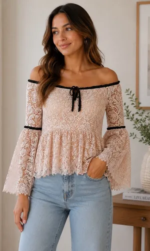 Boston Proper Pink Lace Off the Shoulder Bell Sleeve‎ Top Pom Pom Trim Size 10 thumbnail 1