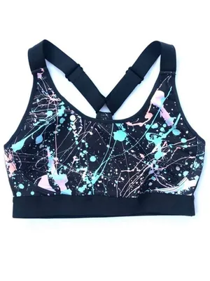Printed Black Sports Bra with Pastel Splatter Detail thumbnail 3