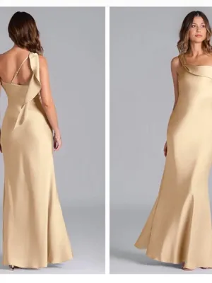 Azazie Driea Champagne satin maxi dress thumbnail 3
