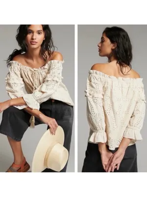 Anthro Seen Worn Kept Jane Eyelet Lace Off- The-Shoulder Shoulder Blouse Size 6 thumbnail 2