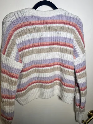 Hollister Women's Cropped Striped Knit Sweater - White with Pastel Stripes Small thumbnail 6