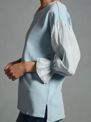 Pilcro Anthropologie Mixed Media Puff Sleeve Sweatshirt in Light Blue Sz Medium thumbnail 2