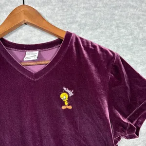 Vtg Tweety Bird Velvet T-Shirt Tee Sz L‎ Warner Bros Womens Purple thumbnail 2