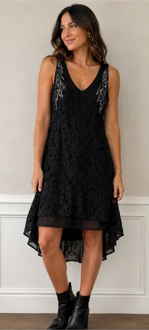 Miss Me Black Lace Sleeveless V-Neck Dress with Sequin Accents thumbnail 1