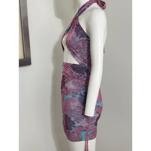 Edikted Women Pink Blue Paisley Mesh Halter Neck Cut Out Ruched Mini Dress Y2K S thumbnail 5