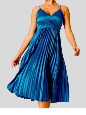 Halara Blue Silky Satin Wrap Front Pleated Skirt Midi Dress NWOT XS thumbnail 8