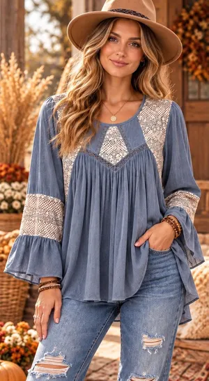 POL Dusty Blue Lace Yoke Peasant Tunic thumbnail 1