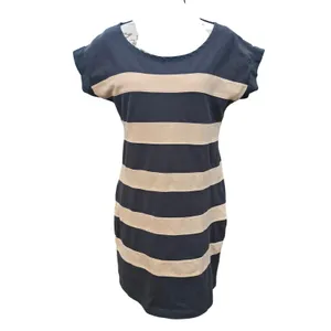J. Crew Striped Cotton Pique T-Shirt Dress Gray Tan‎ Button Back Cap Sleeve M thumbnail 2