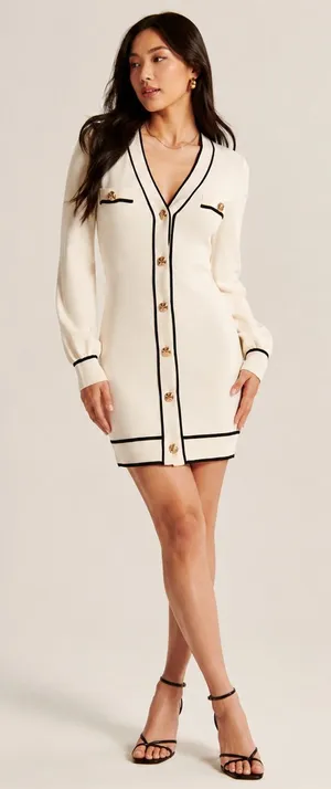 Lovers + Friends XS Cream Black Trim Gold Button Cardigan Sweater Dress thumbnail 1