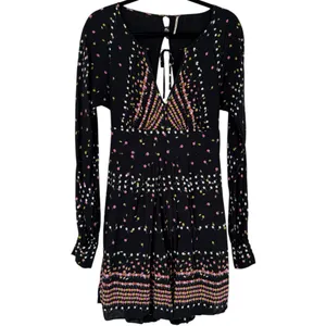 Free People Coryn Boho Long Sleeve Printed Mini‎ Dress Black Size 6 Festival thumbnail 4