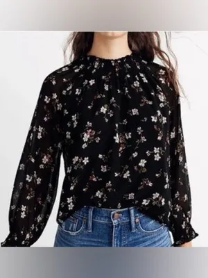 Madewell XL Black Floral Smocked Mock Neck Long Sleeve Blouse Romantic thumbnail 4