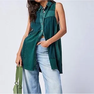 Free People Santana Patchwork Tunic Mini Dress Boho Green M thumbnail 2