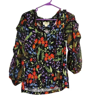Maeve Anthropologie Blouse Floral Ruffle‎ Black Sheer Sleeve S Boho Cottagecore thumbnail 1