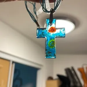 Handmade Glass cross with ribbon necklace. thumbnail 2