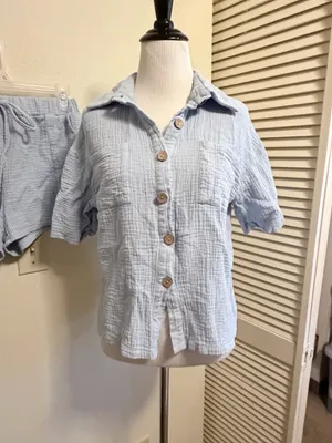 Shein medium Women's Light Blue Gauze Short-Sleeve Top & Shorts Set thumbnail 2