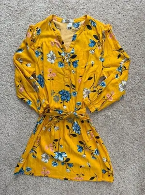 Old Navy Yellow Floral Shirt Dress Large Long Sleeve Ruffle Tie Waist Mini thumbnail 1