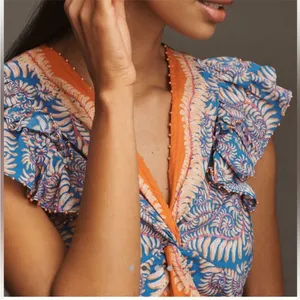 NWT Farm Rio Flutter-Sleeve V-Neck Top beaded with tropical‎ print large thumbnail 2