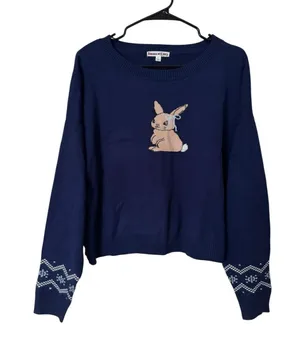 Sweet Envy Navy Blue Cropped Bunny Knit Sweater Coquette Kawaii Preppy Bow Sz L thumbnail 1