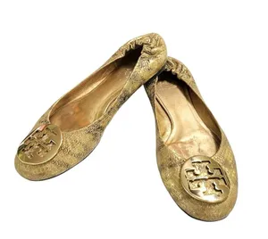 Tory Burch REVA GOLDEN SNAKESKIN MEDALION BALLET FLATS Size 8.5M VGC thumbnail 3