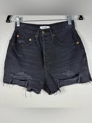 Re/Done Black High-Rise Distressed Denim Cutoff Shorts SZ:25 thumbnail 5