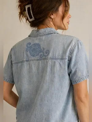 Vintage Y2K Denim Embroidered Button Front Top Cottagecore Boho Western XL thumbnail 3