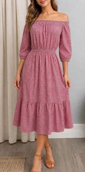 Old Navy Cotton Blend Dress S Red Gingham Smocked Off Shoulder Tiered Midi Dress thumbnail 1