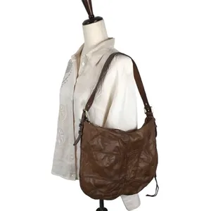 Hobo‎ International Brand Camel Leather Shoulder Bag with Blue Floral Liner thumbnail 2