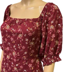 Mod Lusive Rayon Burgundy Floral Print Smocked Back Puff Sleeve Maxi Dress XL thumbnail 3
