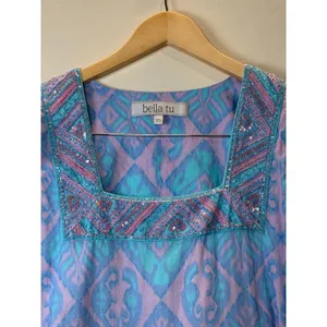 Bella Tu Ikat Mini Dress Womens XS Blue Purple Beaded Square Neck Flutter Sleeve thumbnail 4