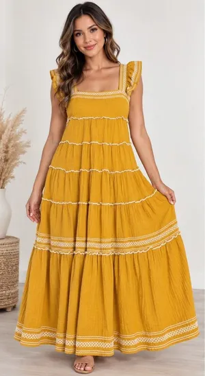 Olivaceous Mustard Yellow Tiered Ruffle Boho Maxi Dress Size S thumbnail 1