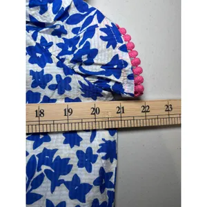 THML Anthropologie XL Blue White Floral Tiered Babydoll Dress Pink Pom Pom Trim thumbnail 10
