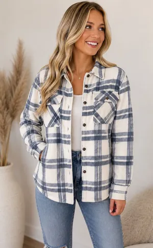 Boutique Cozy Sherpa-Lined Plaid Shacket Jacket Cream & Blue Gray XS | Like New thumbnail 1