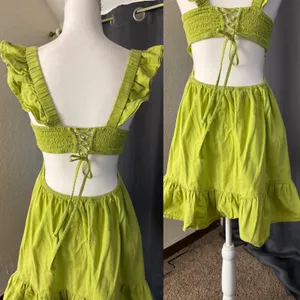 Dizzy Lizzy Mini Dress Med babydoll Green Ruffle Lace Up‎ Back Cotton Summer thumbnail 11