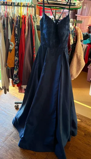 La Femme Navy Lace Bodice A-Line Train Prom Gown thumbnail 1