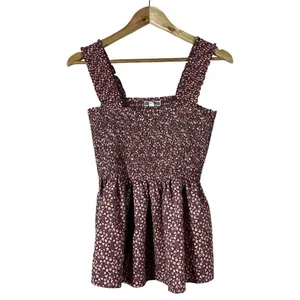 Pleione Smocked Ditsy Floral Peplum Tank Top Burgundy Boho Ruffle Strap Size M thumbnail 2