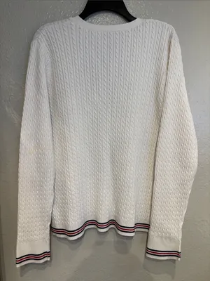 Lauren Ralph Lauren White Cable Knit Cardigan with Navy & Red Trim Preppy School thumbnail 5