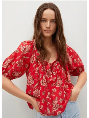 MNG Mango Red Paisley Floral Square Neck Elbow Balloon Sleeves Cotton Linen Top thumbnail 2
