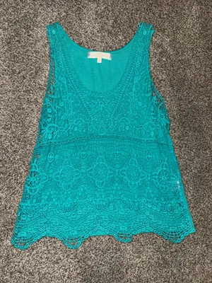 Almost Famous Teal Crochet Overlay Sleeveless Tank Top thumbnail 1