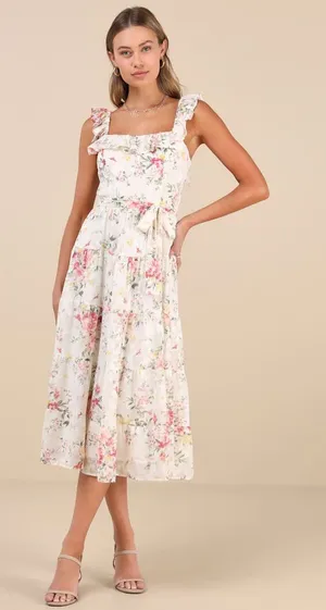 Lulus Shela Ivory Floral Jacquard Tiered Midi Dress Size Small Sleeveless Flirty thumbnail 1