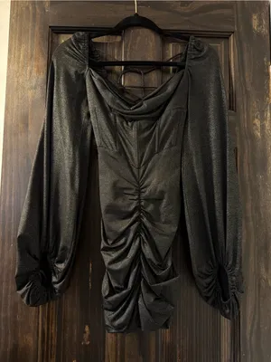 Lucy in the Sky Shimmery Black Ruched Mini Dress with Balloon Sleeves thumbnail 1