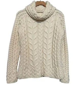 Aran Sweater Market Women’s Sz S Cream Merino Wool Cowl Neck Cable Knit Sweater thumbnail 1