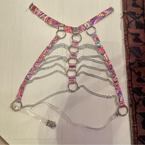 Dolls Kill Pink metallic chain harness and rainbow tube top thumbnail 3