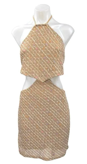 NEW Molly Green Brown Sleeveless Knitted Halter Tie Cutout Mini Pencil Dress L thumbnail 1