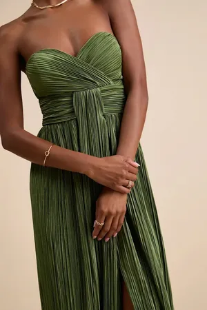 Oswin Olive Green Satin Plisse Strapless Maxi Dress thumbnail 2