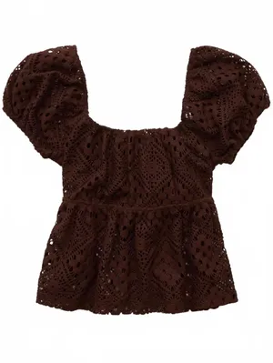 AE Lace Tie-Front Puff Sleeve Tee American Eagle NWT Chocolate Small thumbnail 4