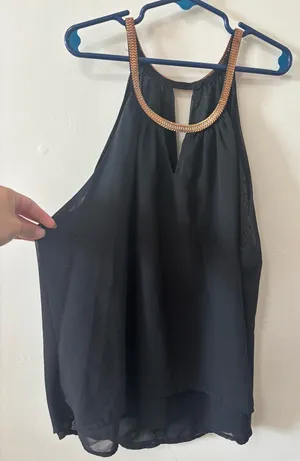 Chocolate Black Chiffon Halter Camisole with Gold Chain Trim thumbnail 1