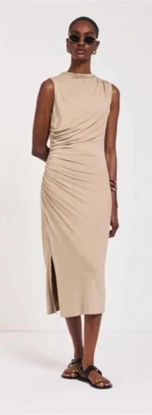 Zara Sleeveless Ruched Midi Dress in Beige thumbnail 1