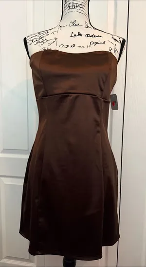 Altar’d State Strapless Brown Satin Dress thumbnail 1