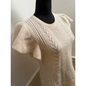 Banana Republic Junie Wool Cable Knit Sweater Cream Ruffle Flutter Cap Sleeve thumbnail 2