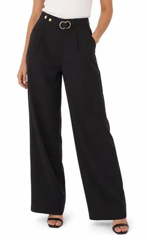 Womens Black High Waisted Wide Leg Trousers Gold Buckle Detail Dress Pants O/S thumbnail 1